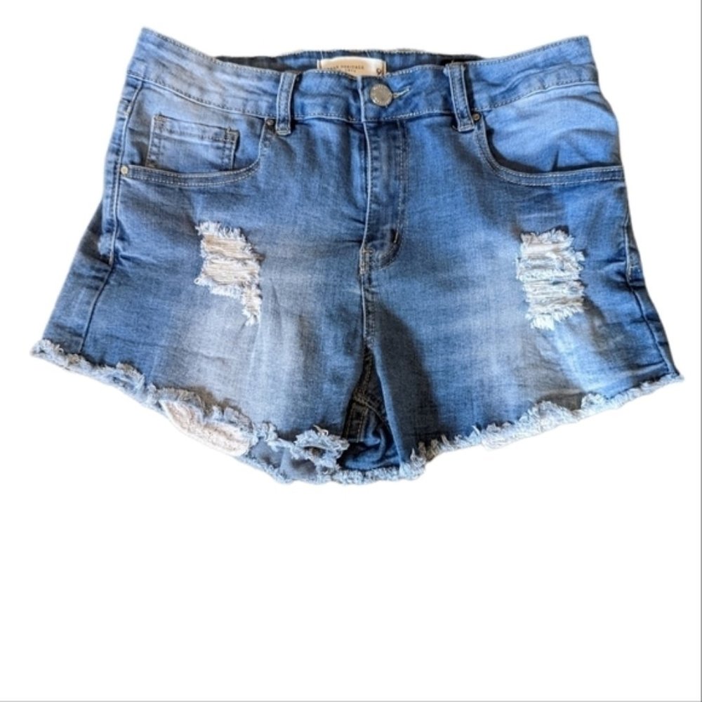 Woman's Urban Heritage Denim High Rise Short Shorts-Light Wash Distressed-Size 9